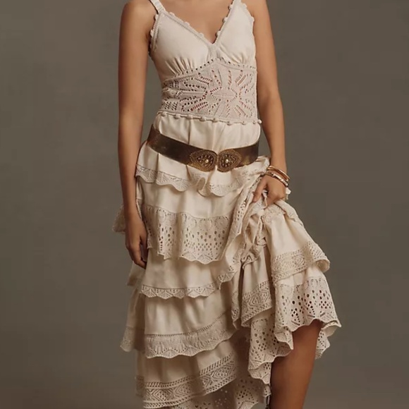 Anthropologie Cecilia Prado V-Neck Tiered Ruffle Crochet Cream Maxi Dress Sz Sm - Picture 1 of 8